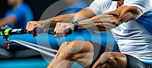Rower s muscles flexing in power stroke symbolizing strength in summer olympic games sport