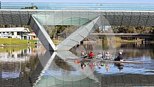 Rowers about to pass under the iconic River Torrens foot bridge in Adelaide South Australia on July 23rd 2023