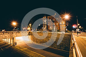 Rowhouses and the K Street Underpass at night, at Washington Cir