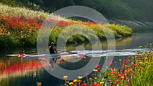 A rowing athlete training in a serene countryside setting, rows of vibrant flowers lining the riverbanks, AI generated