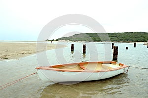 Rowing boat moored at the river bed