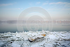 Rowing boat trapped in ice on the frozen Danube in Belgrade, Serbia, in January 2017, due to an exceptionnaly cold weather