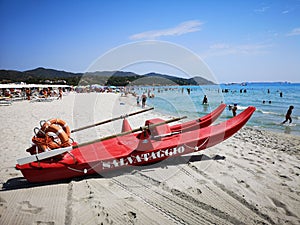 Rowing boat used for rescue on the sandy beach