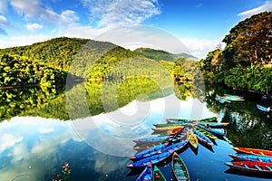 Rowing boats on the lake in Pokhara, Nepal,Asia