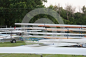 Rowing boats, Sweep oar style, being stored and maintained at sunset, near the Palic lake, in northern Serbia.