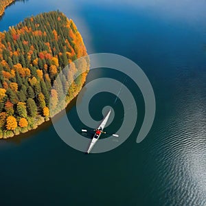 rowing on a calm lake in aerial view only small boat visible with serene water around lot of empty copy space for
