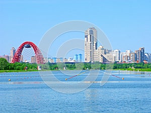 Rowing channel Krylatskoe, Moscow, Russia, urban skyline