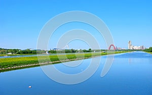 Rowing channel Krylatskoe in Moscow, urban skyline