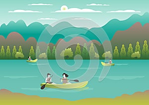 Rowing, sailing in boats as a sport or form of recreation vector flat illustration. Boating fun for all the family outdoors.