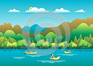 Rowing, sailing in boats as a sport or form of recreation vector flat illustration. Boating fun for all the family outdoors.