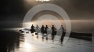 A rowing team glides down the calm waters of a river in perfect unison created with Generative AI