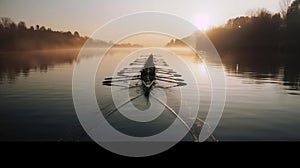 A rowing team glides down the calm waters of a river in perfect unison created with Generative AI