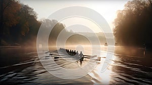 A rowing team glides down the calm waters of a river in perfect unison created with Generative AI