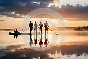 A rowing team gliding smoothly across a serene lake during sunrise