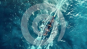 Rowing Team in Synchronization from a Top-Down Perspective. This is AI generative image.