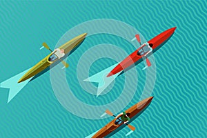 Rowing team. Top view of kayak boat. Canoe race vector illustration, flat style.