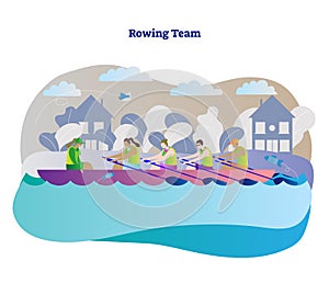 Rowing team vector illustration. Kayak, canoe or boat woman team with leader. Outdoor activity with teamwork water sport athlete.