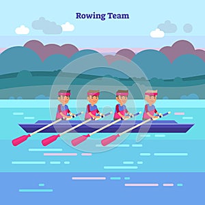 Rowing team vector illustration in kayak or canoe. Outdoor activity with teamwork water sport athletes in river, sea or lake.