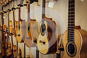 Rows of acoustic guitars on the wall