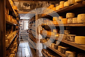 rows of aging cheese wheels on wooden shelves