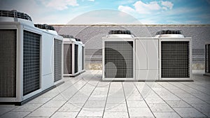 Rows of air conditioner units forming a corridor. 3D illustration