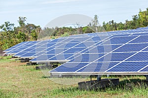 Rows array of polycrystalline silicon solar cells or photovoltaic cells in solar power plant