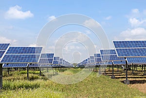 Rows array of polycrystalline silicon solar cells in solar power plant turn up skyward absorb the sunlight from the sun use light