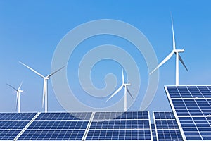 Rows array of polycrystalline silicon solar panels and wind turbines generating electricity in hybrid power plant systems station