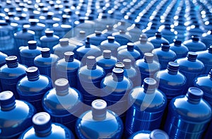 Rows of azure plastic water bottles, filled with light blue liquid