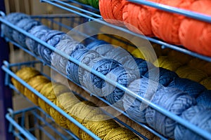 rows of balls of colorful cotton yarn threads for knitting blue, red and mustard colors on the shelves in the store.