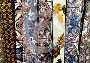 Rows of batik-patterned fabrics