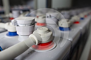 Rows of batteries in industrial backup power system. Battery pack in battery room in power plant