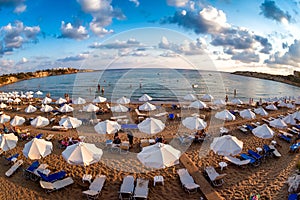 Rows of beach lounges and sun umbrellas on a Coral Bay beach near Peyia village