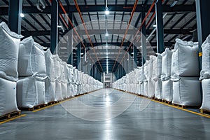 Rows of big white sacks at large warehouse in modern factory