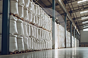 Rows of big white sacks at large warehouse in modern factory