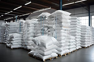 Rows of big white sacks at large warehouse in modern factory