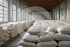 Rows of big white sacks at large warehouse in modern factory