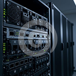 Rows of black server racks in a data center, showcasing advanced hardware.