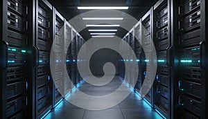 High-tech server room background with rows of servers for cloud computing artificial intelligence processing and database systems