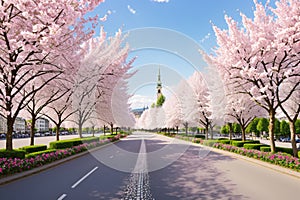 Rows of blooming white cherry pink trees along a street in Zurich city in the spring time. made with