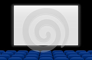 Rows of blue cinema movie empty theater seats. Glowing blank screen or movie template banner background