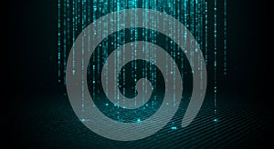Rows of blue digital binary code cascade vertically against a dark background,