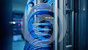 Rows of Blue Ethernet Cables in a Server Rack with Blinking Lights in a Data Center