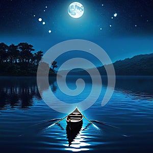 A rows a boat on a lake at night while numerous glowing moons float on the illustration digital design art style