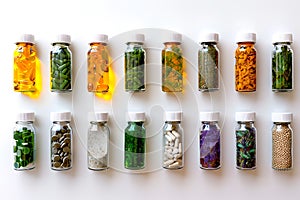 Rows of bottles holding various pills in glass containers