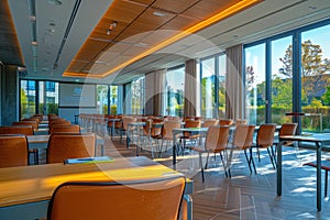 Rows of brown leather chairs set up in conference room with large windows