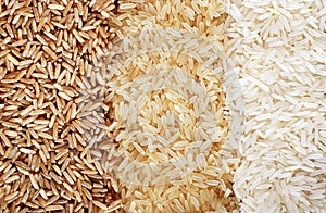 rows of brown, wild and white rice