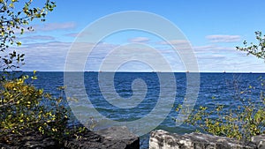 Rows of Cargo Ships on Lake Ontario blocked from Welland Canal due to Labor Strike