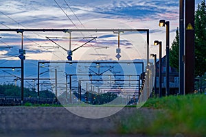 Rows of catenary gantries forming a dense station lattice in Padborg, Denmark