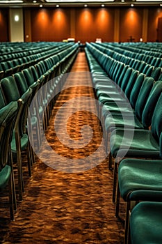 rows of chairs in a conference hall, ready for attendees